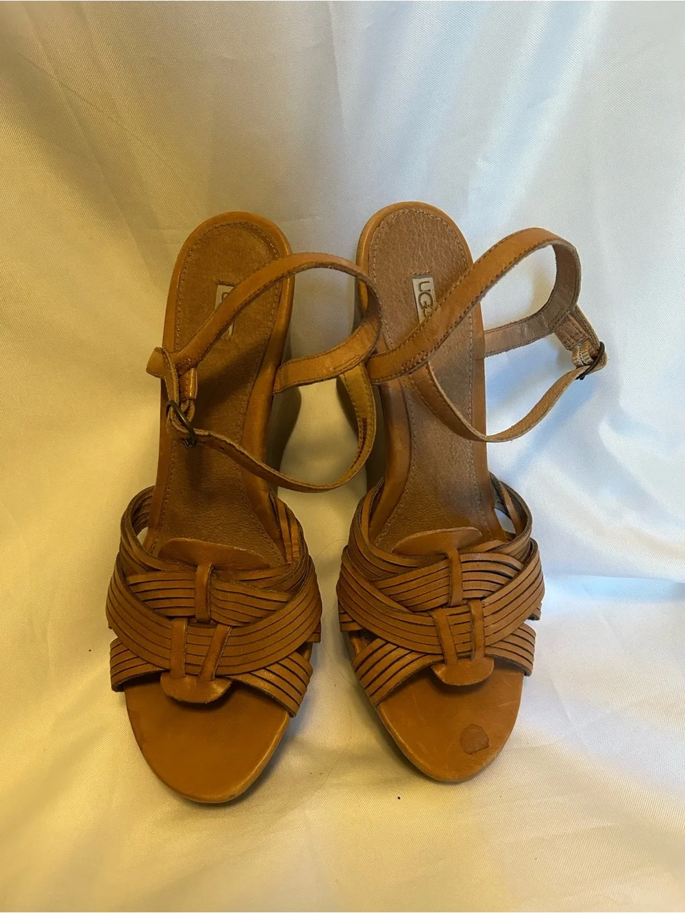 UGG Women's Brown Woven Leather Wedge Sandals - Ankle Strap